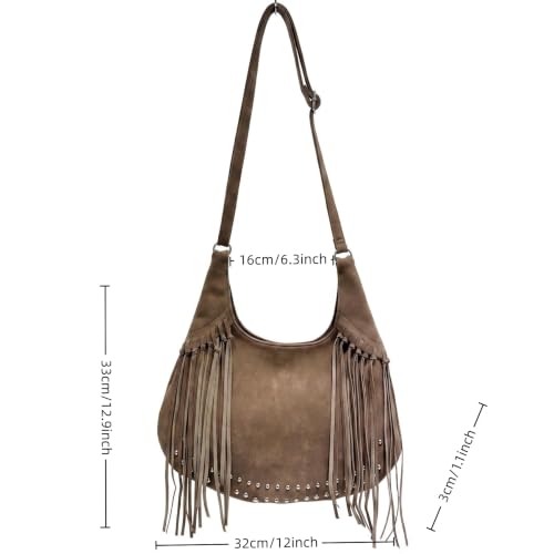Image of Women Vintage Suede Fringe Hobo Bag Tote Shoulder Bag Crossbody Bag and Hippie Western Cowgirl Purse Shoulder Bag