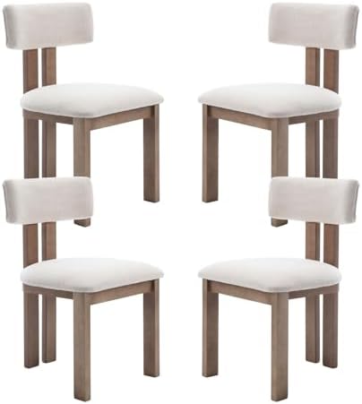 A front-facing view of the beige linen dining chair highlighting the textured fabric and the natural finish of the solid wood legs.