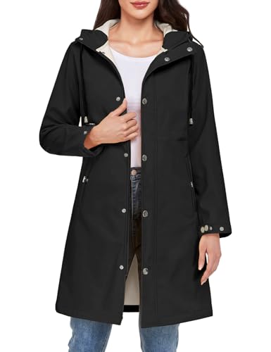 Tuopuda Veste Long pour Femme Manteau à Capuche en Polaire Manteau mi Saison Veste de Pluie à Fermeture éclair(Noir,M)