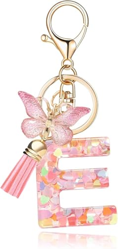 Image of GEOCARTER Lightweight Fashion Initial Letter Key Ring with Butterfly Pendant & Tassel, Stylish Purse Charm for Handbags, Car Keys, Gifts for Girls & Women