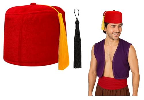 Nicky Bigs Novelties Adult Red Fez Hat with Gold or Black Tassel Moroccan Shriner Cap Turkish Tarboosh Cosplay Halloween Costume Accessory Adjustable Size Fits Most