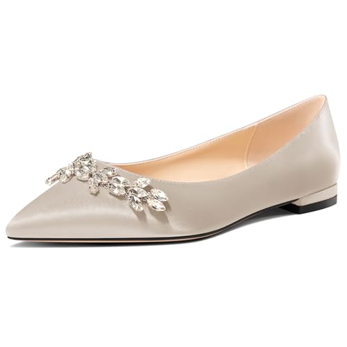 NobleOnly Womens Low Heel Close Pointed Toe Slip-on Rhinestone Crystal Flats Shoes Dress Casual Office Satin Pumps 0.4 Inches Heels