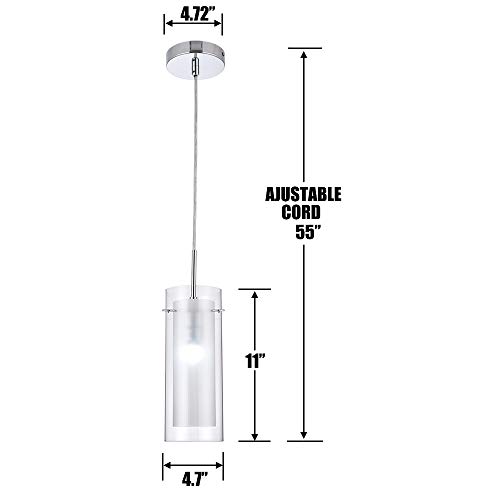 Mondaufie 2 Pack Glass Pendant Lights,Cylinder Bar Pendant Lighting,Clear And Frost Glass Hanging Pendant Light Fixtures,Dining Room Bathroom Kitchen Island Chrome Finish #TOP6