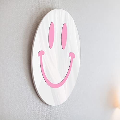 Visgo Preppy Room Decor Smiley Face Mirror - 11.8 Inches Aesthetic Wall-Mounted Mirror for Teen Girls Bedroom, Wall Decor, and Dressing Table | Easy to Install Peel and Stick Wall Tile (Pink)