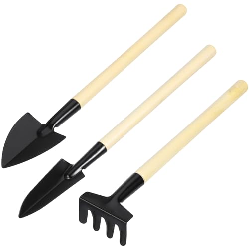 Artibetter Kit de Mini Outils de Jardinage Manche en Bois pour Garçon et Filles, Comprenant Truelle à Racines, Pelle et Râteau, pour Activités de Jardinage et Plantation de Semis et Bonsaïs,