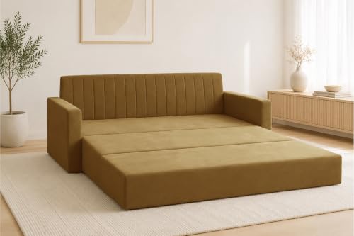 Image of Los Angeles Modern Velvet 3-Seater Sofa Cum Bed with Armrest, Multipurpose Convertible Sleeper Couch Sofa for Living Room, Bedroom & Office- Golden Color