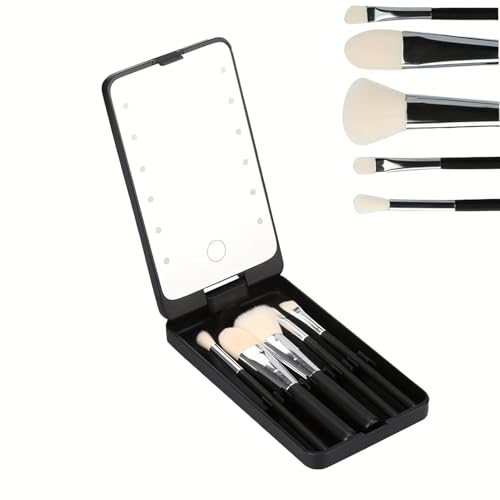 LED Portable Makeup Mirror with 5 Brushes, Rechargeable Travel Mirror Kit, Touch Sensor, Bright Adjustable Lighting, Compact Storage Case (Black)