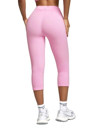 BRXL 19 Capri Leggings for Women Tummy Control No Front Seam High Waisted Capris with Pocket Yoga Pants Workout Pink L