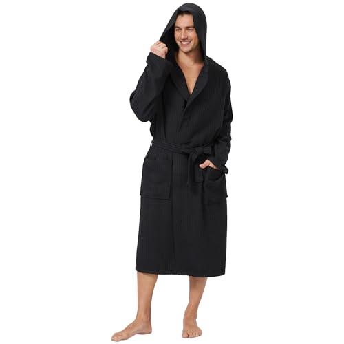 Mens Hooded Luxury Waffle Robe Kimono Soft...