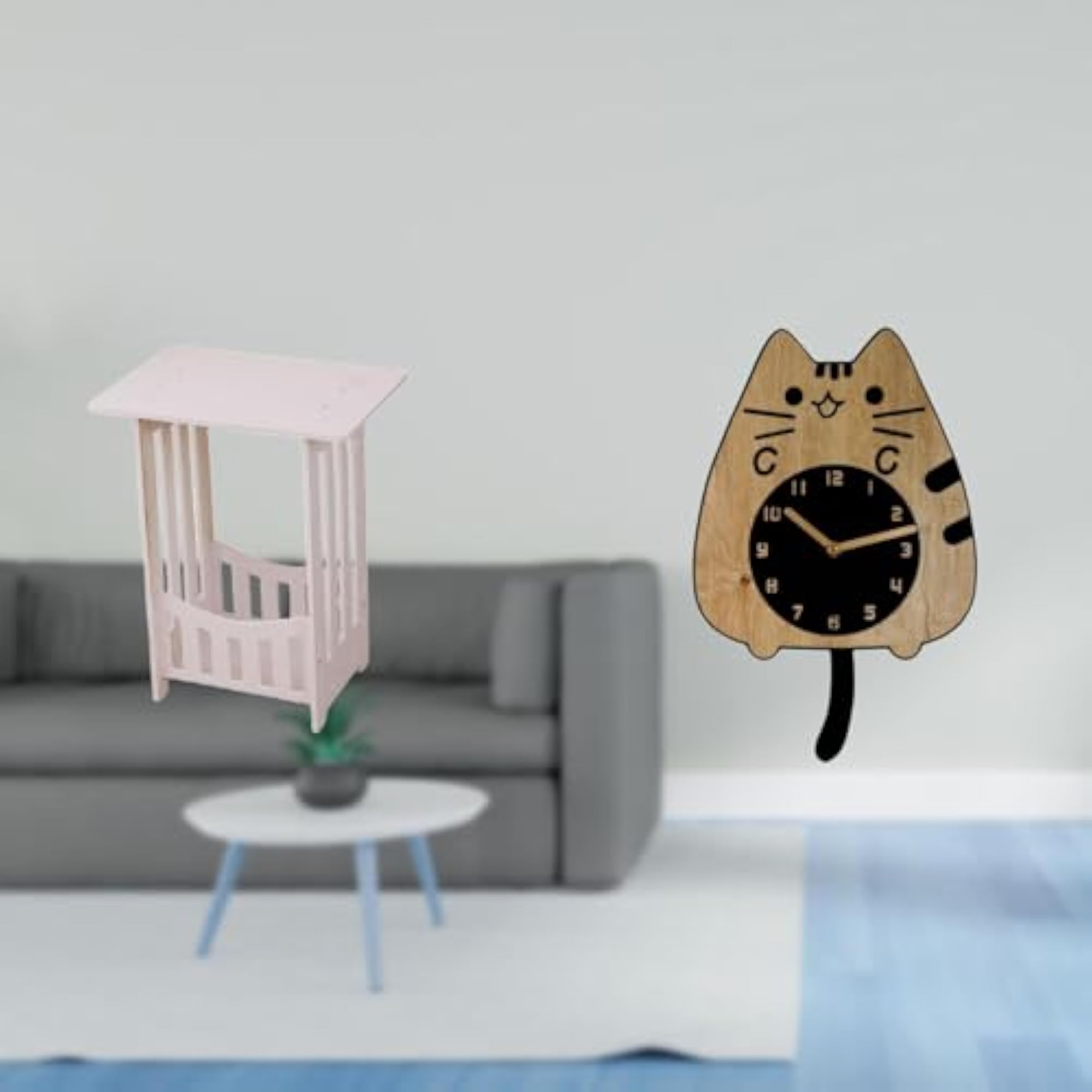 Portable Bedside Table with Cat Wall Clock Ornament