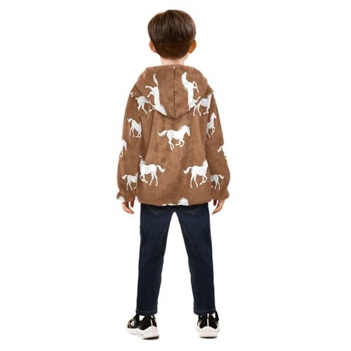 Brown Background with Horses Toddler Fleece Jacket Girl Boys Hooded Fleece Jacket Coat Warm Outwear Zip-up 3-10T4