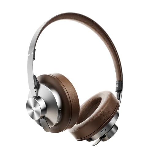 iKF Metal Wireless Bluetooth Headphones Over Ear – Full Metal Body, 52dB Adaptive Active Noise Cancelling, Hi-Res Audio, Built-in Microphone, 75H Battery, AUX Wired Mode, App EQ Control (Brown)
