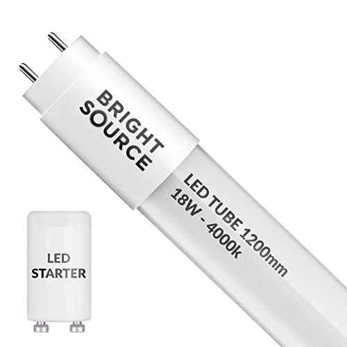 Bright Source 4ft (1199mm) 18w LED T8 Tube, 1800lm, 4000K Cool White, Replacement for 36w T8 Fluorescent, Starter Included - Direct Mains or for use with Switch Start Fitting with Magnetic Ballast