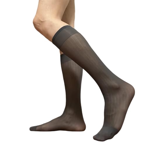 Dsgzkk Mens Thin Dress Socks Silk Sheer Formal Business Socks Soft Over the Calf Suit Socks Wide Striped Long Stockings