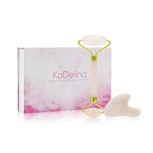 Flend 2 in 1 Rose Quartz Roller and Gua Sha -KaDelina Noisless Face Facial Roller and Massager rejuvenating Healing & skin Toning tool alternative to Jade roller for face massage.