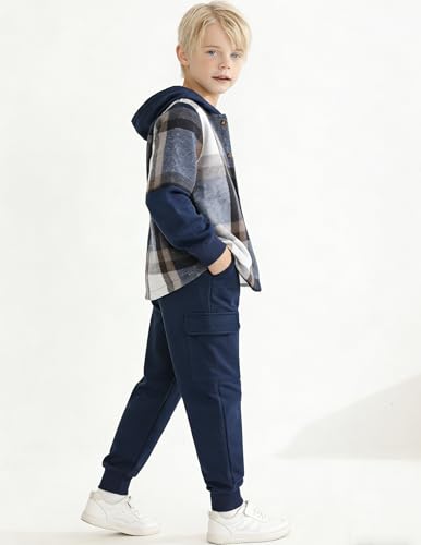 Image of 2Pcs Boys Clothes Sweatsuit Set Hoodie Flannel Plaid Shirt and Jogger Pants for Kids Fall Winter Spring Outfits