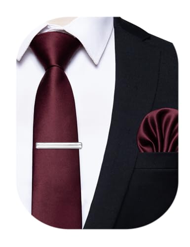 YourTies Skinny Tie and Pocket Square Tie Clip Sets for Men Satin Slim Neckties with Gift Box, Burgundy, One size