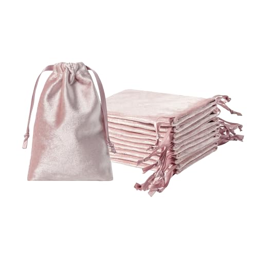 QIANF 12pcs Rose Pink Velvet Drawstring Bags 4x6 inches Glossy Small Velvet Cloth Gift Bags Jewelry Pouches for Storage Wedding Party Favor Christmas