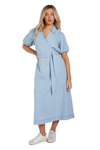 Image of Dorothy Perkins Volume Sleeve Wrap Midi Denim Dress, 14, Light Wash