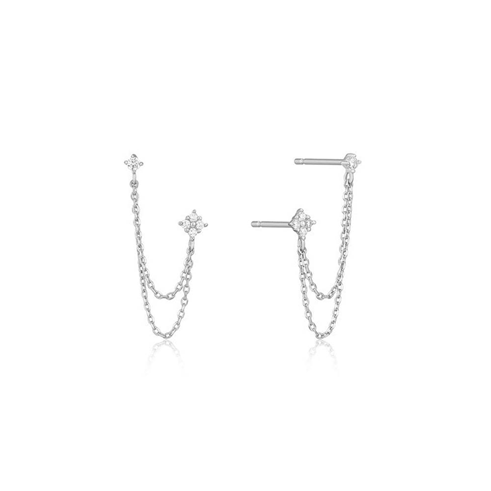 Round CZ Flower Double Piercing Studs With Chain Cuff 925 Sterling Silver Earrings for Women Cartilage Two Holes Tassel Threader Dangle Drop