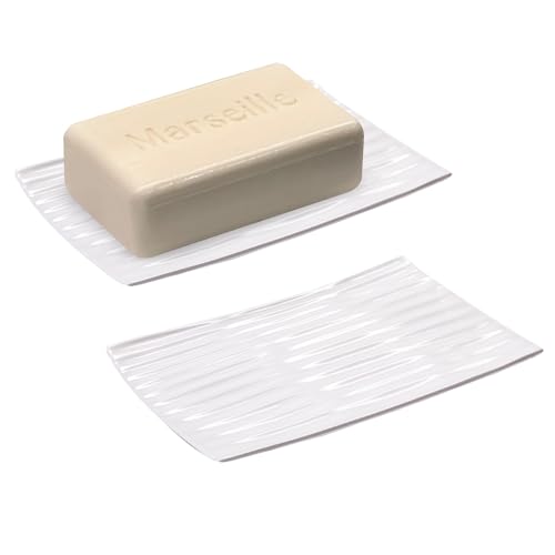 Modern Zen White Soap Dish - Durable Ceramic Bar Soap Holder with Soap Saver Ridges, Non Slip Feet - White Soap Holder for Bathroom and Kitchen