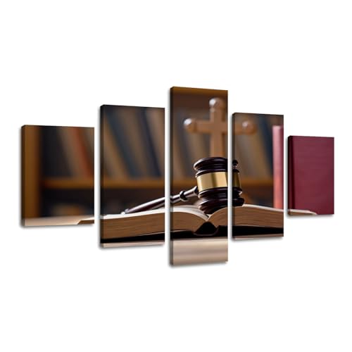Weone Artwork 5 Panel Canvas Wall Art Christian book judge s gavel table Judicial system constitution Stretched & Framed Art Prints Modern Painting Wall Decoration Ready to Hang Unique Designed