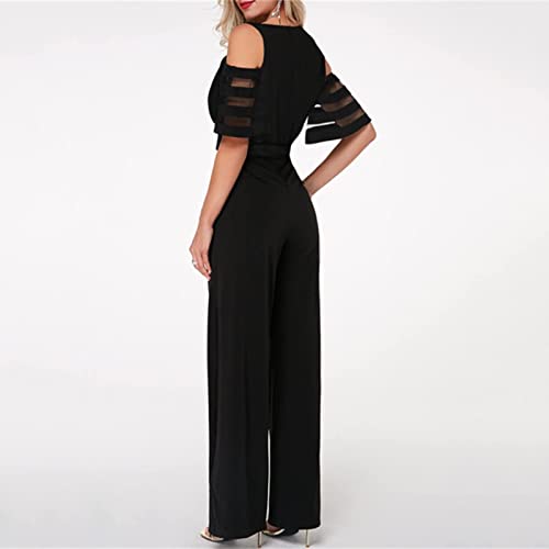 Cold Shoulder Jumpsuits For Women Dressy Wedding Short Sleeve Mesh Panel V Neck Belted Wide Leg Formal Rompers Black X-Large #TOP3