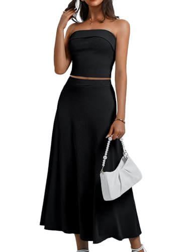 Women's Black 2 Piece Skirt Set, Casual Knit Tube Tops Maxi Flowy Skirts Matching Sets, Long Skirt Sets Women 2 Piece Outfits Black L
