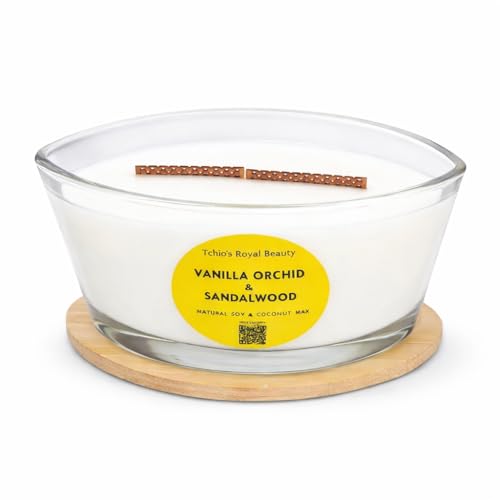 Tchio's Royal Beauty Vanilla Orchid & Sandalwood Candle – 25 oz Natural Soy & Coconut Wax – Boat-Shaped Glass Bowl with Bamboo Lid – Handcrafted Luxury Home Fragrance