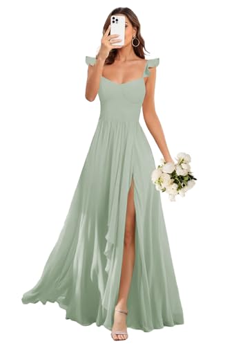 Spaghetti Straps Bridesmaid Dresses for Women with Slit Chiffon Pleated Sweetheart A-line Long Formal Dress