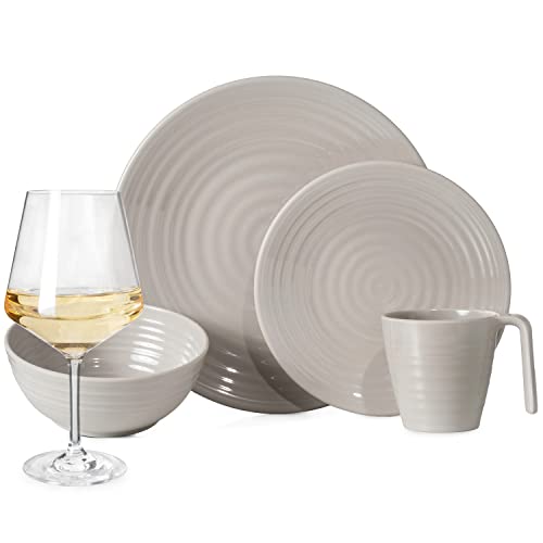Vaisselle de camping en mélamine pour 4 personnes - Design café - 16 pièces + 4 verres à vin Milano blanc