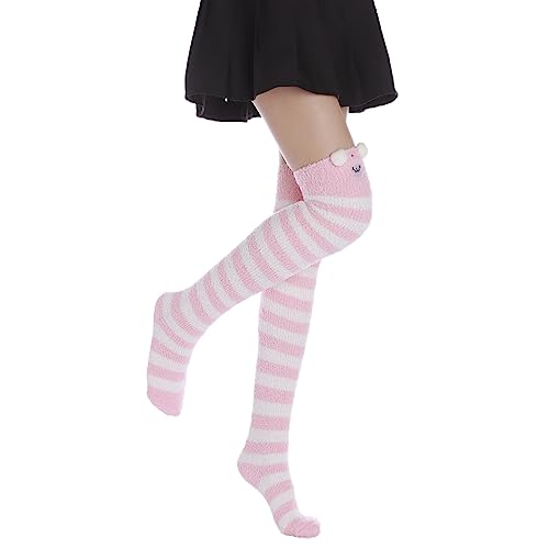 Thigh High Fuzzy Socks Cute Animal Coral Fleece Over the Knee Thigh High Long Stockings Warm Stripe4
