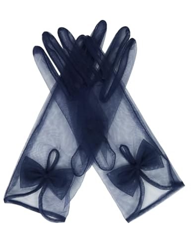 QRBTSCL Womens Short Tea Party Gloves Tulle Gloves with Bowknot Mesh Glove Wedding Bridesmaids Evening Party Glove Navy