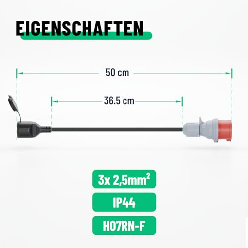 greate CEE Adapter 16A auf Schuko Kupplung - Adapter Starkstrom auf Normalstrom 230V 16A mit 50 cm Kabellänge & IP44 Schutz - 400V CEE Stecker zu Schuko Kupplung 230V