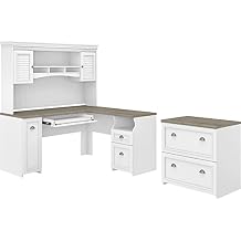 Bush Home Fairview 60W L Shaped Desk with Hutch and Lateral File Cabinet in Pure White and Shiplap Gray