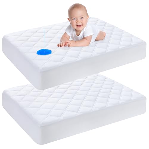Image of Yoofoss Waterproof Mini Crib Mattress Protector 2 Pack, Quilted Mattress Pad Cover Soft and Breathable, Machine Washable Portable Mattress Protector for Standard Baby Crib Size 38"X24"