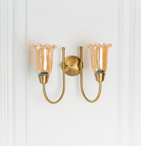 Image of Divine Trends Double Hockey Wall Lamp Antique Brass Finish with Fluted Flower Golden Glass for Living Room, Bedroom, Home Decoration Wall Light - Pack of 1