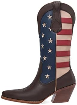 Z.Oufeier Women's Western Cowboy Boots with Low Chunky Heel American Flag Mid Calf Brown Cowgirl Boots for Women(Flag,11)