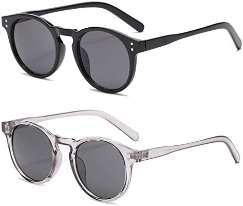 Long Keeper 2 Pair Vintage Round Sunglasses for Mens Womens Clear Frame Classic Retro Small Round Glasses UV400 Protection