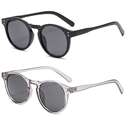Long Keeper 2 Pair Vintage Round Sunglasses for Mens Womens Clear Frame Classic Retro Small Round Glasses UV400 Protection Cover