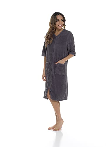 Image of Women's 100% Cotton Terry Zip Bathrobe - Short Sleeve Toweling Robe & Absorbent Housecoat (Grey, Large)