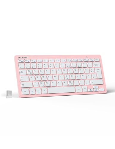 TECKNET Slim Kabellose Tastatur, Deutsches Layout, 78 Tasten Mini Wireless Tastatur mit Nano USB Empfänger für Windows/Chrome OS Smart TV - Rosa