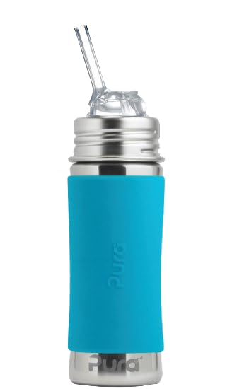 Pura Kiki 11oz/325ml Stainless Steel Straw Bottle w/Sleeve - 100% Plastic-Free, MadeSafe Certified, 100% Medical-Grade Silicone Straw for Kids, Toddlers, Preschoolers, Babies & Infant - New Aqua