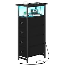 Yoobure LED Narrow Nightstand with Charging Station - Slim Dresser for Bedroom Narrow Side Table Storage Cabinet, Small Dressers Chest of Drawers, Tall Skinny Night Stand End Table for Small Spaces