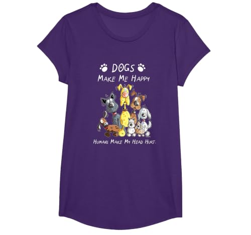 Dogs Make Me Happy Humans Make My Head Hurt T-Shirt, Girls, Purple, Large