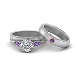 CaratYogi Milgrain Matching Wedding Set for Couples Sterling Silver Natural Amethyst Round Shape Wedding Ring Sets Bezel Setting Dimensione R for Women