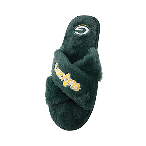 Image of FOCO Womens NFL Team Script Wordmark Fuzzy Cross Slide Slippers