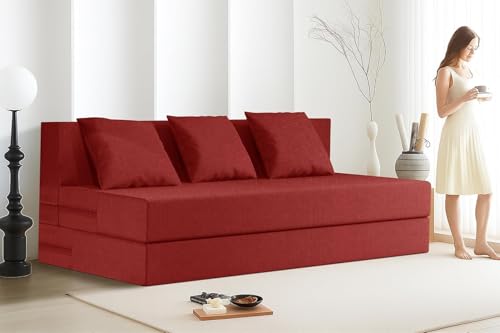 Image of Rosebell Lightweight Three-Person Sofa Cum Bed Jute Fabric- Washable Cover- Including 3 Cushion - Size 5' X 6' Ft | Color - Red | Perfect for Home & Office
