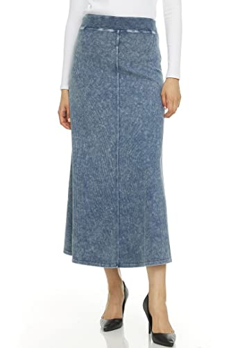 Womens Rib Denim Wash Long Maxi Skirt w/Wide Waistband