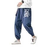 MQMYJSP Pantalones de harén para hombre, estilo chino con dragón bordado Kung Fu, azul marino, L